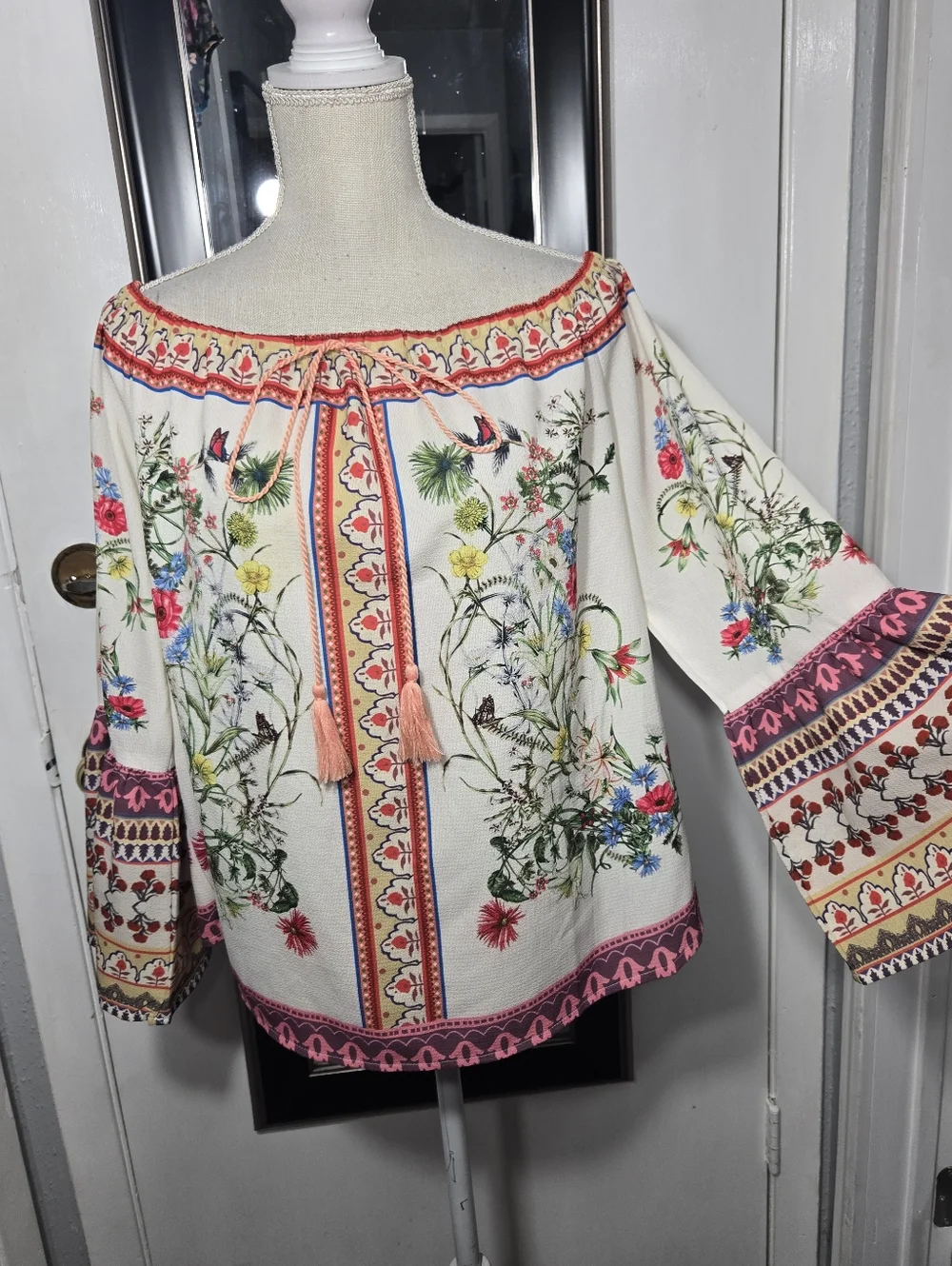 Umgee Floral Bell Sleeve Off Shoulder Blouse Sz Large - Picture 5 of 8